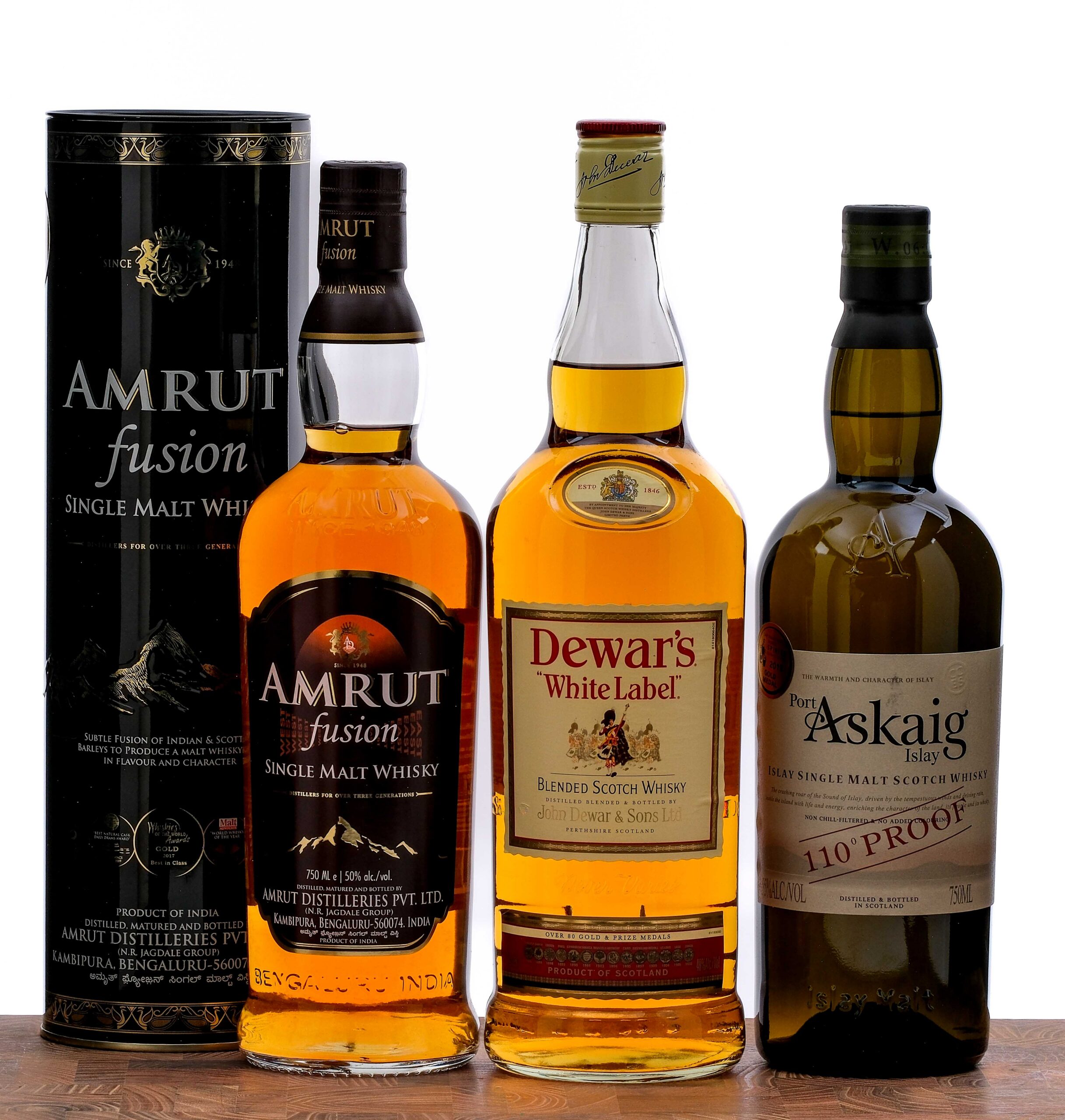 Amrut/Dewar's/Port Askaig Scotch and Whiskey Group (3 Bottles)