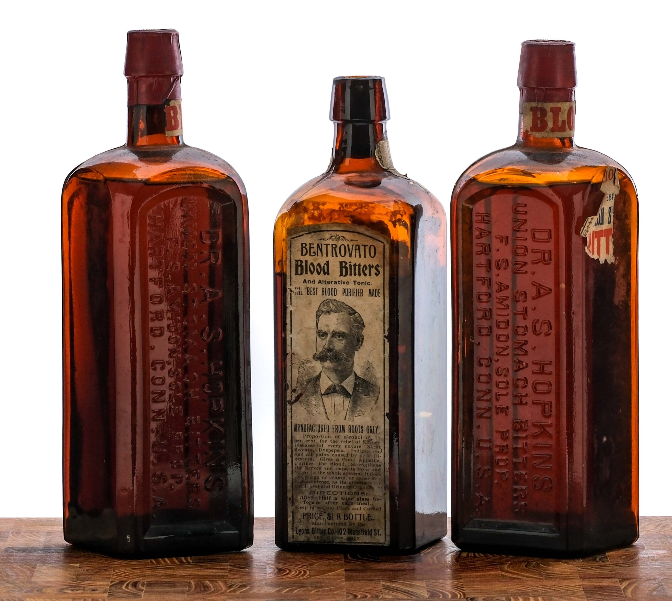 Antique American Bitters Group: Bentrovato Blood/ A.S Hopkins 3 Bottles