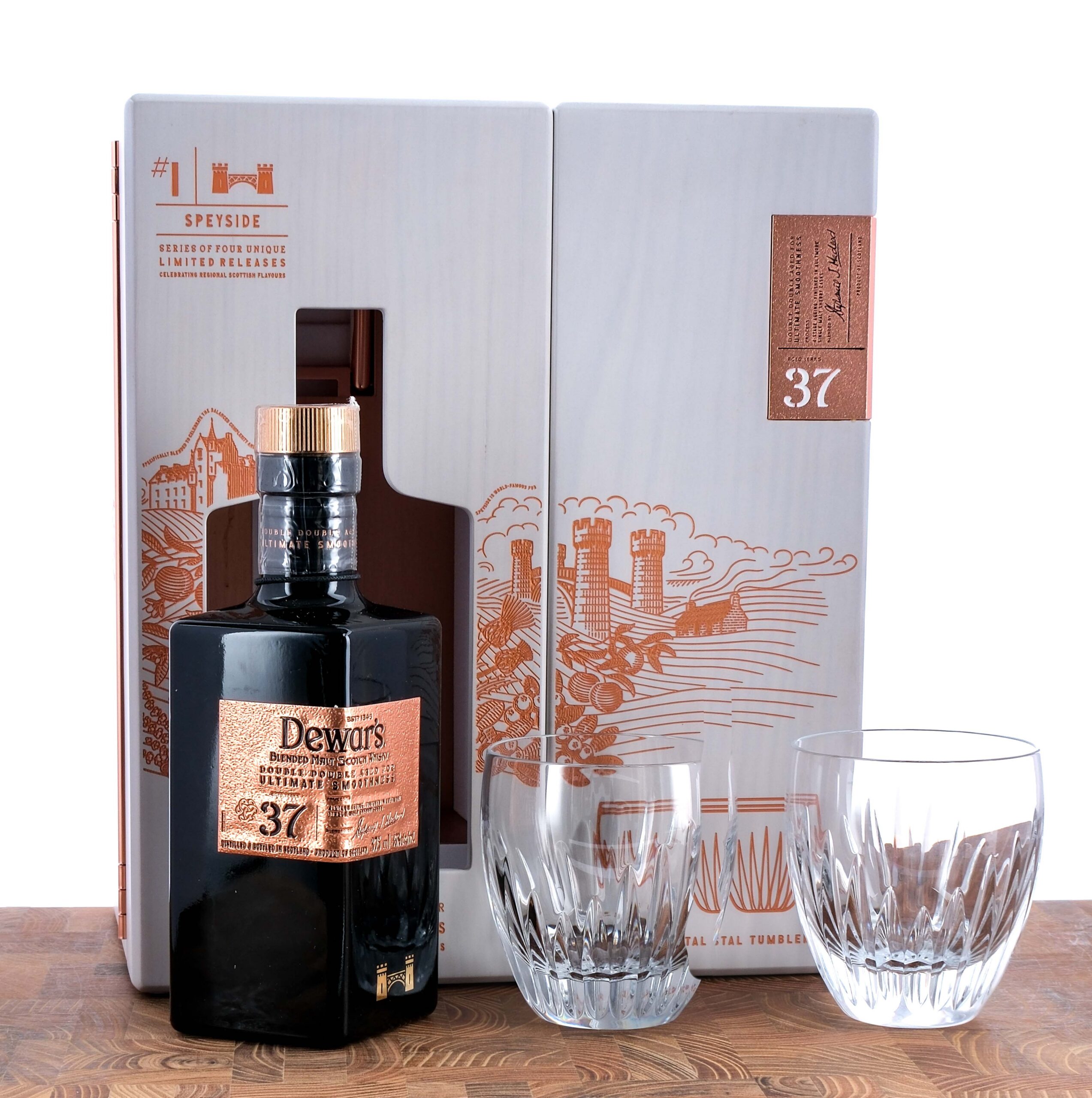 Dewar's Double Double 37 Year Old Blended Malt Scotch and glsses