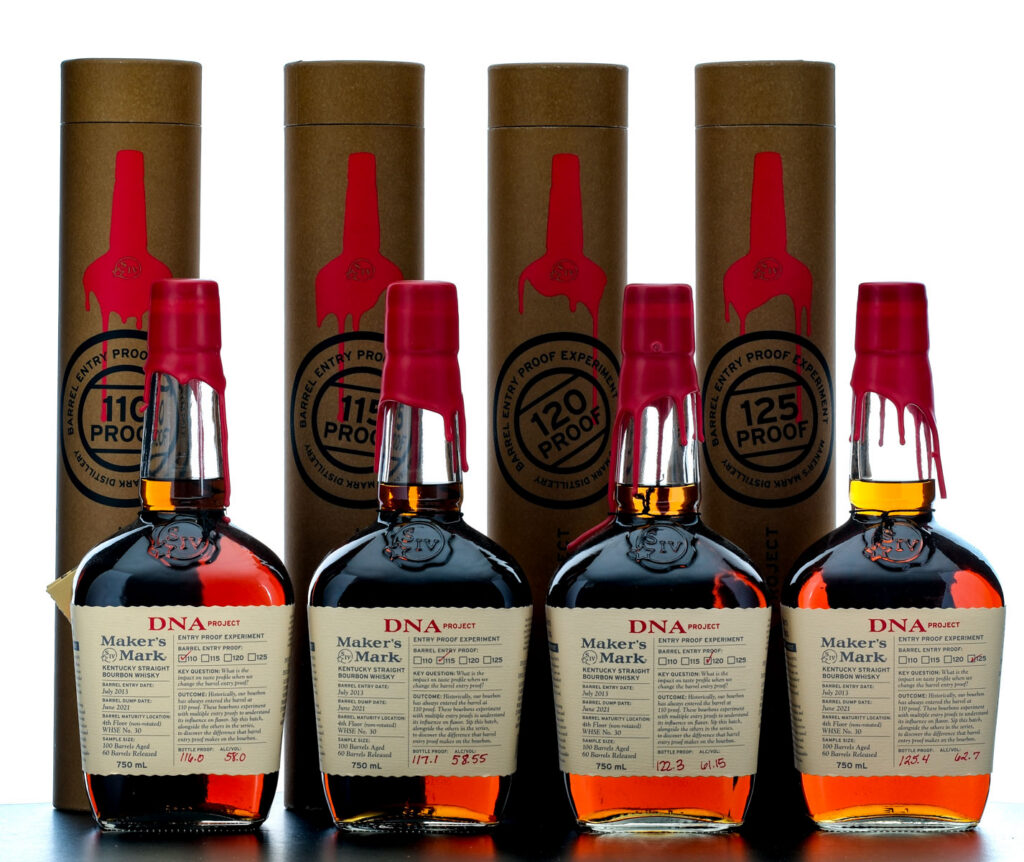 Maker's Mark DNA Project Entry Proof Experiments (110, 115, 120, 125 BEP) 2021 Group (4 Bottles)