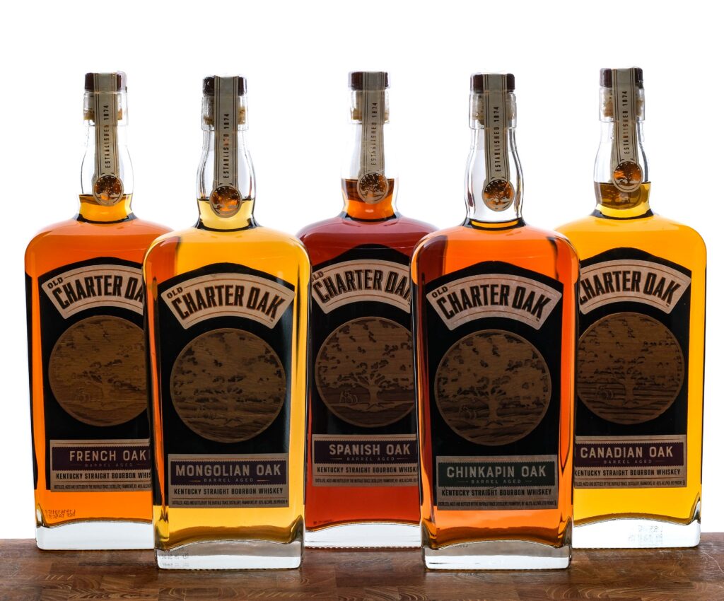 Old Charter Oak Mongolian, French, Chinkapin, Canadian, Spanish Oak Straight Bourbon Whiskey Group (5 Bottles)