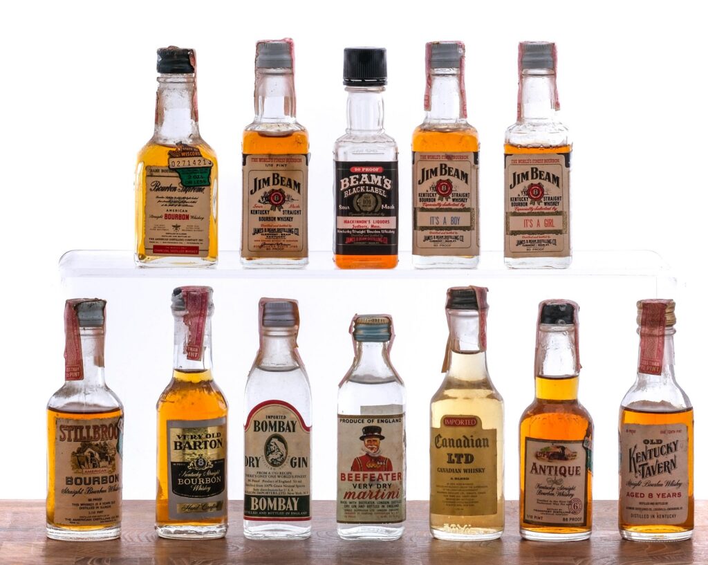 Vintage Bourbon, Liqueur, Blended Whiskey, and Gin Nips, Mini Group (12 Bottles)