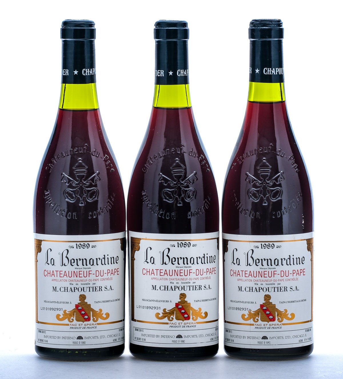 M. Chapoutier Chateauneuf-du-Pape La Bernardine Red Rhone Wine 1989 Group (3 Bottles)