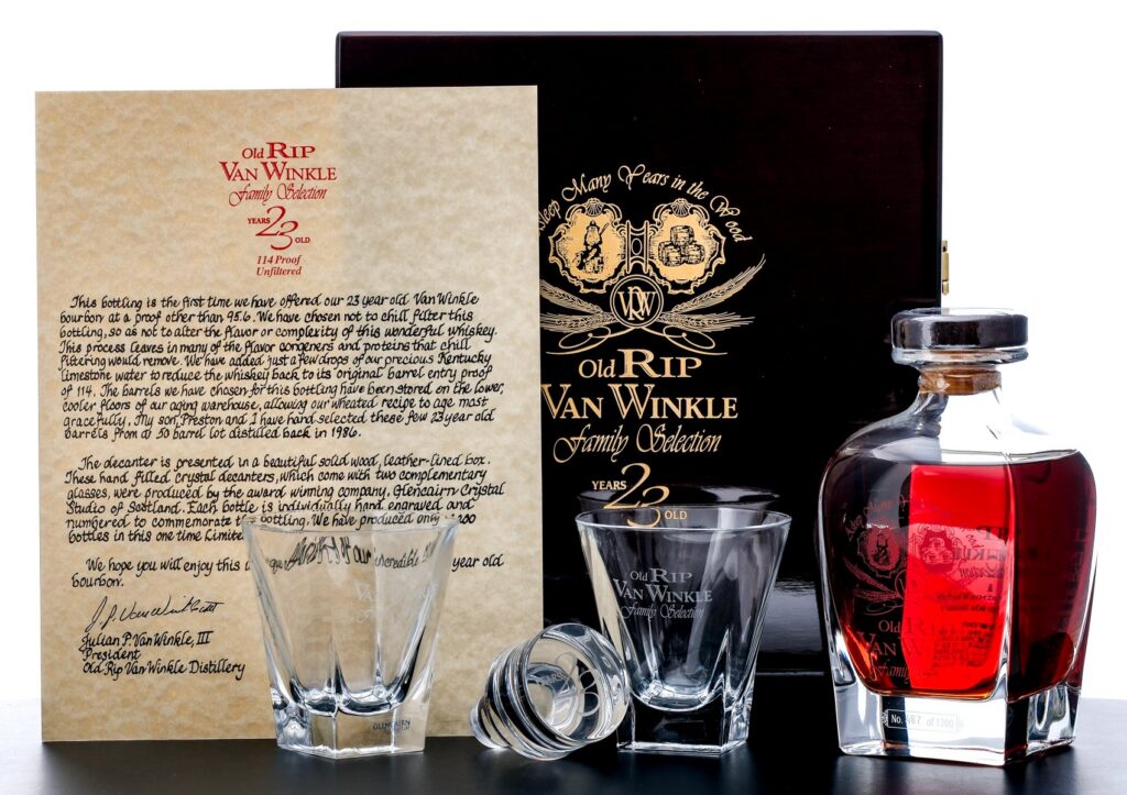 Old Rip Van Winkle Family Selection 23 Year old Straight Bourbon with Glasses and Decanter 2009