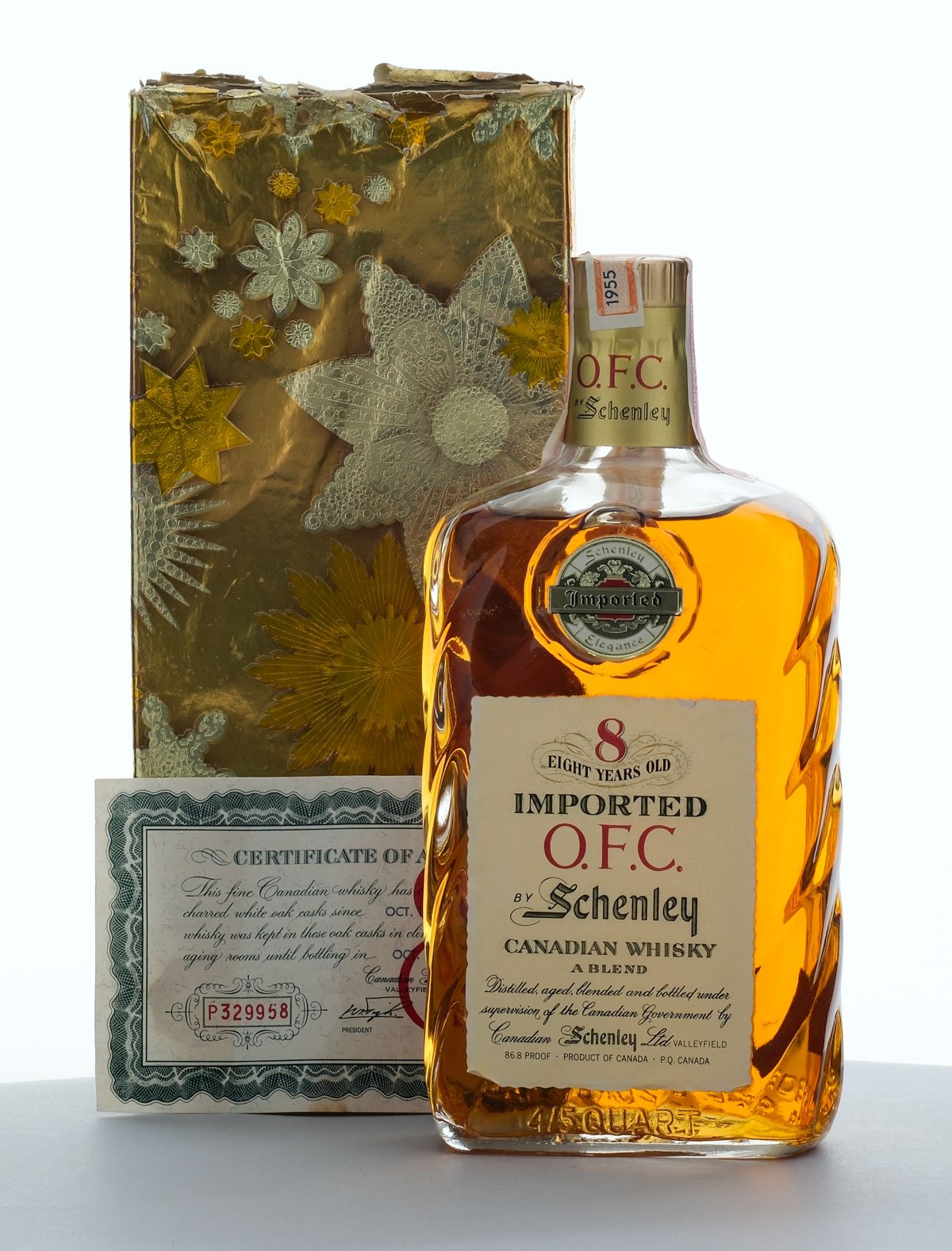 Schenley O.F.C. 8 Year Blended Canadian Whisky Vintage Bottle and Gift Box 1963